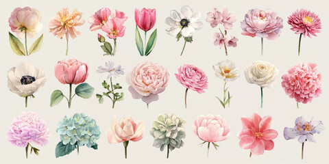 A vibrant collection of delicate watercolor wildflowers and botanical elements, showcasing a variety of colors and textures, isolated on a transparent background.