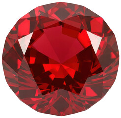 A vividly colored, realistically rendered, multifaceted ruby gemstone with a deep crimson hue and brilliant internal reflections, presented in a circular shape, isolated on transparent background.