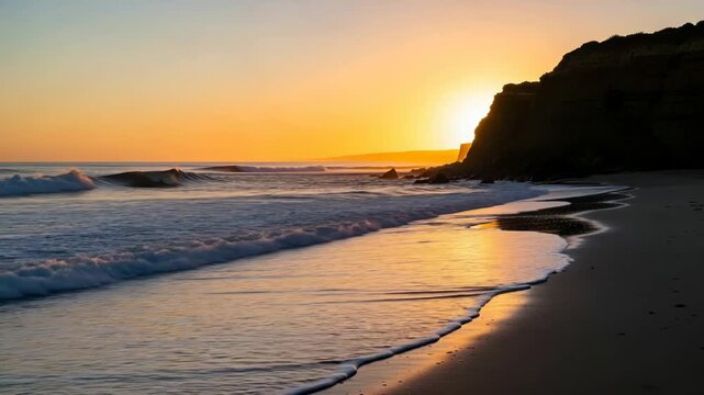 Serene beach scene at sunset with waves gently lapping at shore