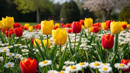 Red and yellow tulips and white daisies blooming in a spring garden