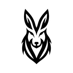 Stylized black rabbit head logo with strong lines on white background