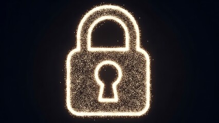 Golden glowing digital padlock icon on dark background, cyber security and data protection concept.