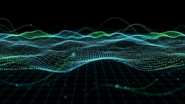 Futuristic digital data wave visualization with glowing green and blue particles on dark grid. - Powered by Adobe