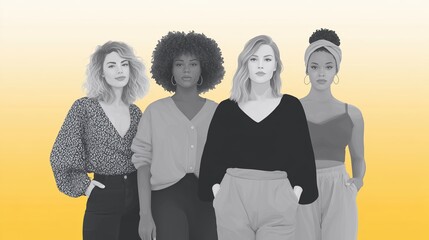 Group of four diverse women standing together in a stylish pose, showcasing unique fashion styles against a vibrant yellow gradient background, representing unity and empowerment