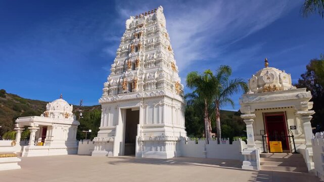 Scenic view of the Malibu Hindu Temple building set against hillside surroundings in Calabasas California