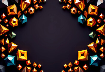 3D Faceted Gemstone Border: Diamond-Like Crystals Frame on Deep Dark Background for Elegant Invitations, Premium Posters, Jewelry Ads, Luxury Branding Illustration