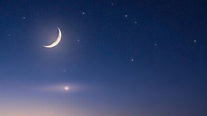 Fototapeta premium Bright Crescent Moon and Twinkling Stars in a Deep Blue Night Sky