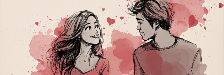 Happy cartoon couple showing love and affection. Smiling cartoon boy and girl with red hearts floating above them, depicting true love