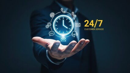 Fototapeta premium A person holding a glowing clock with 24 7 support icons floating around it in their palm