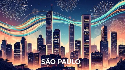 Stylized illustration of the São Paulo cityscape skyline at night featuring tall skyscrapers illuminated under a sky filled with vibrant fireworks and abstract light trails.