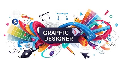 Colorful abstract vector illustration of graphic design tools and elements swirling around the central text "Graphic Designer."