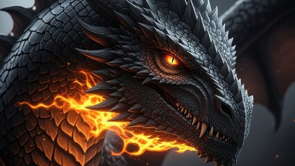 Fierce dragon breathing fire with glowing orange eyes