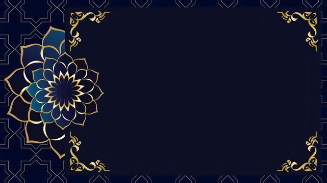 Luxurious animated Islamic, Arabic blue background with mandala, gold frame, and arabesque pattern and copy space