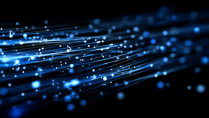 Blue Glowing Light Lines on Black Background Representing Digital Speed and Data Transfer Technology