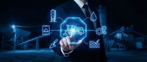 Businessman interacting with innovative construction technology interface