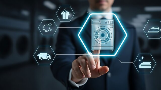 Businessman interacting with futuristic laundry service interface - Powered by Adobe