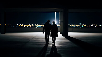 Silhouettes of a couple walking hand-in-hand through a desolate urban night, their journey illuminated by distant city lights, symbolizing enduring partnership