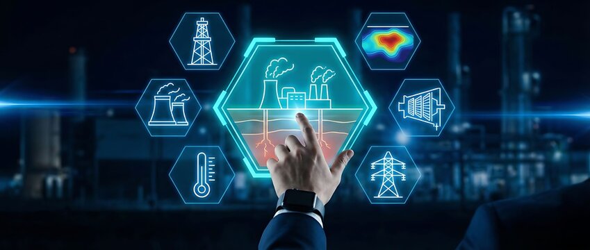 Businessman interacting with futuristic industrial interface at night - Powered by Adobe