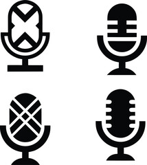 Microphone icon set: music, recording, podcast, mute, sound wave symbols in black 