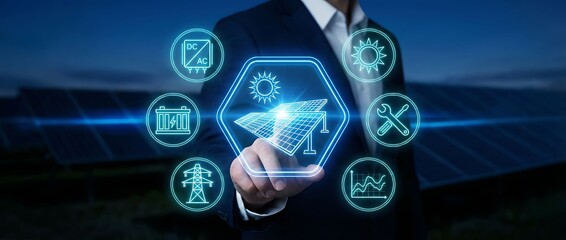 Businessman interacting with solar energy icons on digital interface