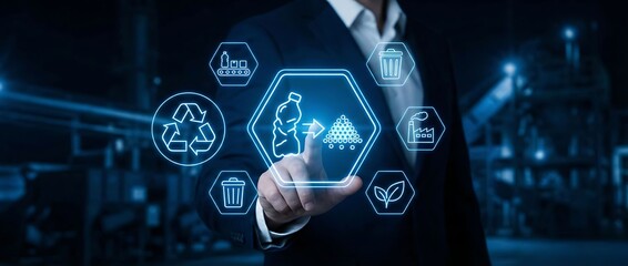 Businessman interacting with digital eco-friendly recycling icons in modern industrial setting