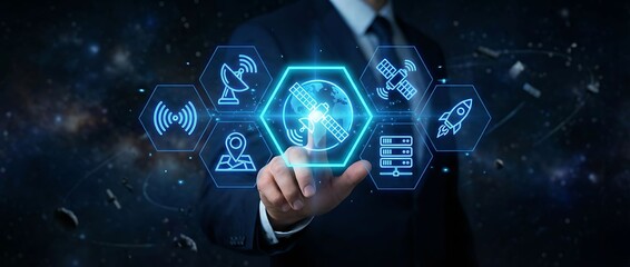 Businessman interacting with futuristic technology interface for global communication and data exchange