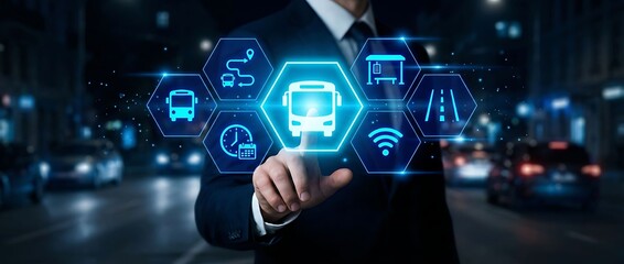 Businessman interacting with futuristic transportation icons on city street at night