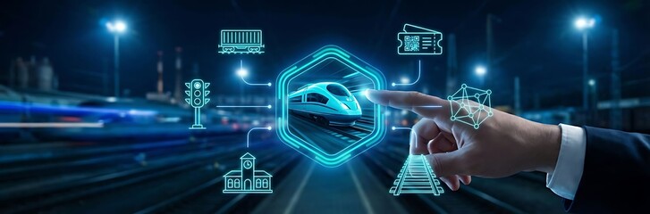 Businessman interacting with futuristic train technology interface at night