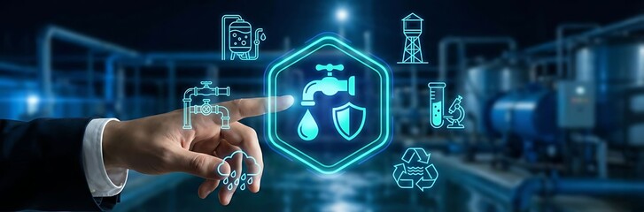 Businessman interacting with futuristic water safety interface in industrial setting