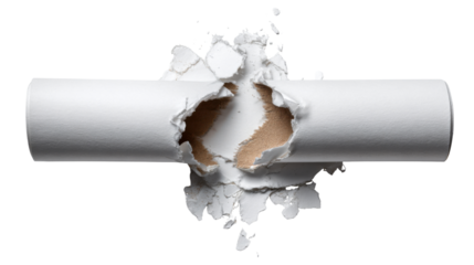 White paper tube bursting, breakthrough concept with ripped material and brown cardboard revealing a hole