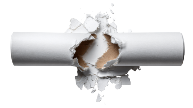 White paper tube bursting, breakthrough concept with ripped material and brown cardboard revealing a hole - Powered by Adobe