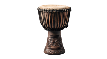 African djembe drum, hand percussion instrument with carved wood body and rawhide head, transparent background
