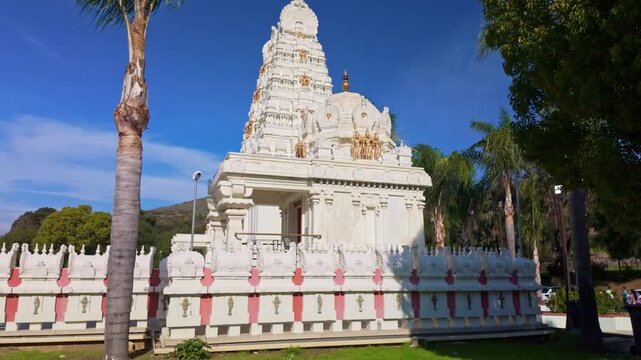 Scenic view of the Malibu Hindu Temple building set against hillside surroundings in Calabasas California