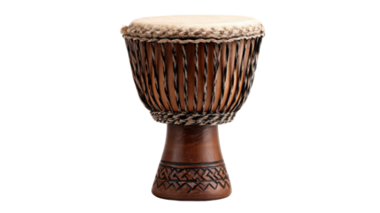 Djembe drum showing its handcrafted details, featuring a wooden body, sturdy ropes, and an animal skin head, transparent background