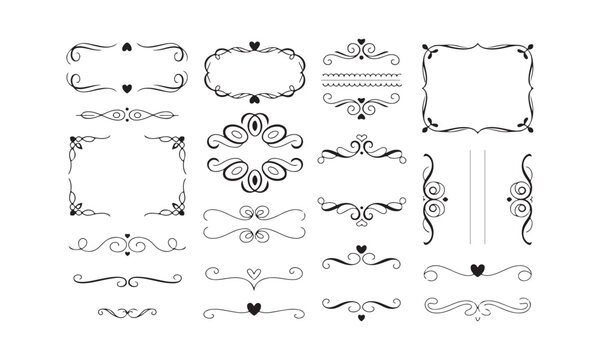 Diverse collection of elegant black outline frames borders and ornamental design elements with hearts