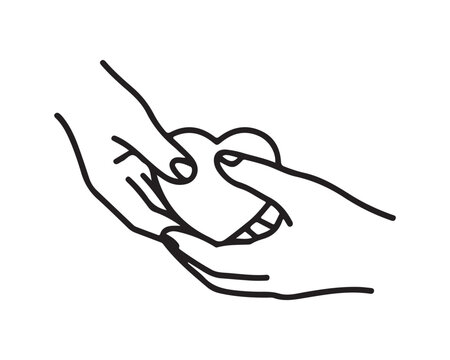 Two hands gently cradle a delicate heart shape in a simple black outline drawing symbolizing love