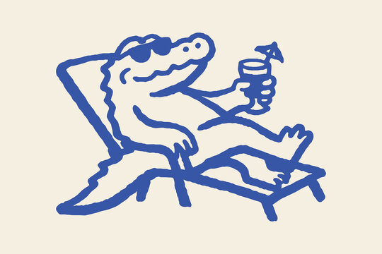 Crocodile relaxing on sun lounger naive doodle vector illustration