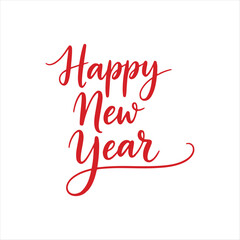 Happy New Year red cursive script with elegant long swash, vector illustration on white background