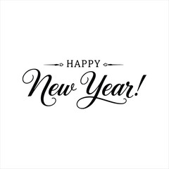 Happy New Year elegant script typography with decorative linear dividers, vector illustration on white background