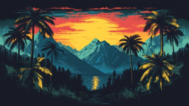 Tropical sunset painting.  Palms and mountain backdrop suitable for travel or landscape design