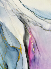 Abstract blue with pink hand made aquarelle background. Beautiful watercolor artwork made with gold and alcohol ink. Blue watercolor fluid art texture resembles marble, water, ocean, sea, air, flow.