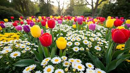 Vibrant field of colorful tulips in red, yellow, and purple, blooming among white daisies in a sunny garden.