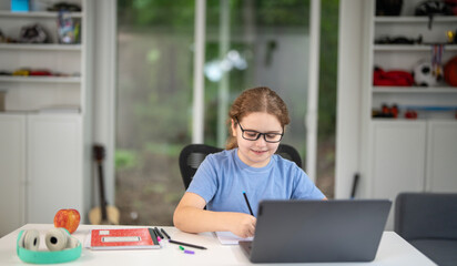Child study at home with laptop and books. Kid learning in a cozy home classroom. Kid study at classroom. Online learning. Kid thinking concept. Child study at home. Boy doing school homework.