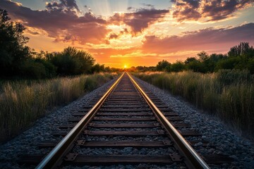 Fototapeta premium Sunset over railway tracks surrounded by greenery in a tranquil landscape