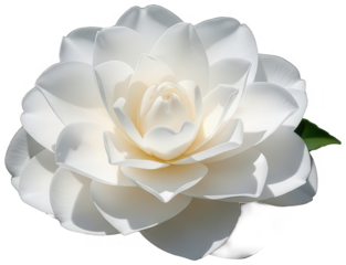 A fully bloomed, pristine white gardenia flower with delicately layered, velvety petals and subtle shading, presented in a photorealistic style against a ,, isolated on transparent background.