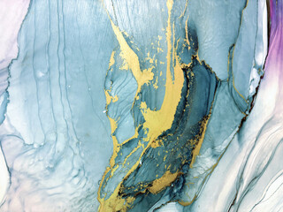 Abstract blue with pink hand made aquarelle background. Beautiful watercolor artwork made with gold and alcohol ink. Blue watercolor fluid art texture resembles marble, water, ocean, sea, air, flow.