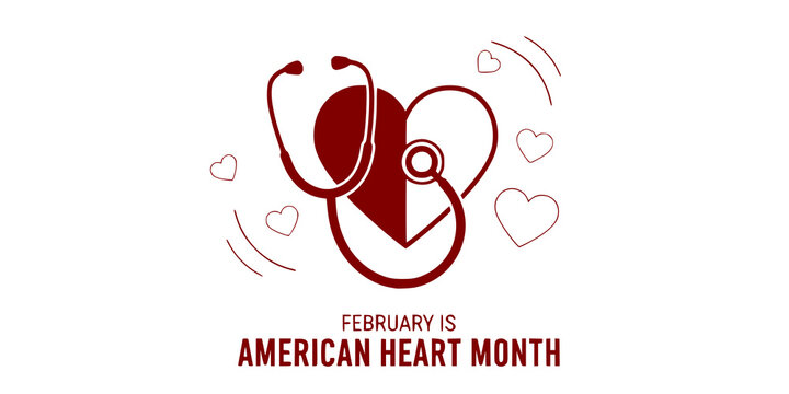 February heart month, American heart month, theme, logo, banner, poster, flyer, concept design template vector stethoscope heart for heart awareness month, heart health month or national heart month