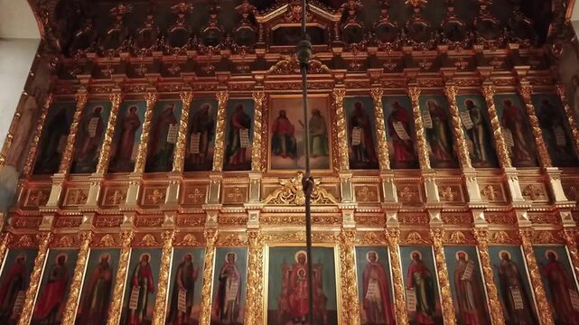Drone descending along iconostasis in Cathedral of the Archangel Michael