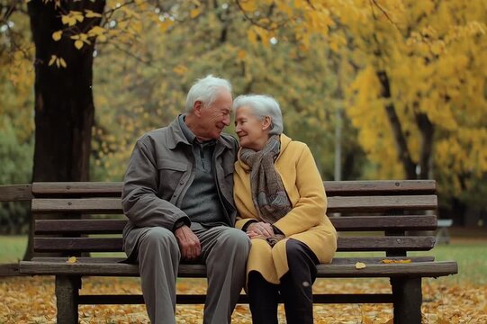 Warm autumn video of an elderly couple kissing on a park bench surrounded by falling leaves. About lifelong love, romance, aging together, retirement lifestyle, family values, emotional storytelling.