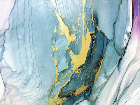 Abstract blue with pink hand made aquarelle background. Beautiful watercolor artwork made with gold and alcohol ink. Blue watercolor fluid art texture resembles marble, water, ocean, sea, air, flow.